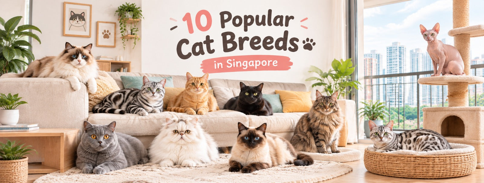 10 popular cat breeds in Singapore lounging in a modern HDB flat living room