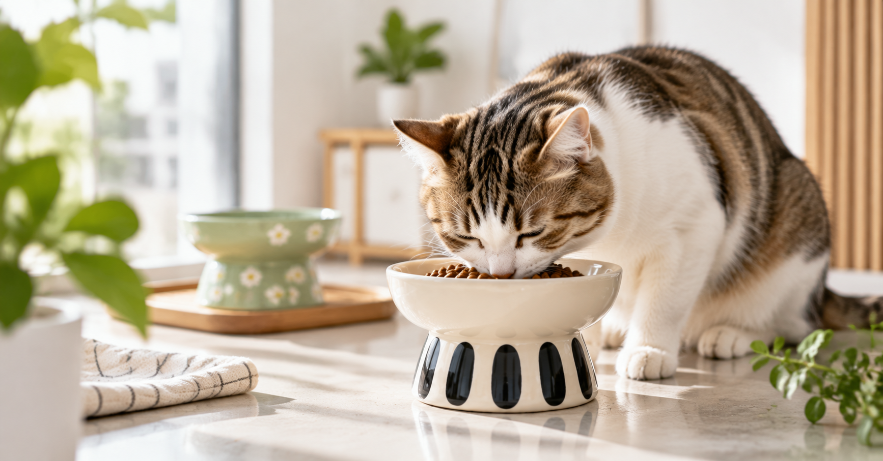Best cat bowl in Singapore with a cat eating from a ceramic bowl in a clean and comfortable indoor feeding area.