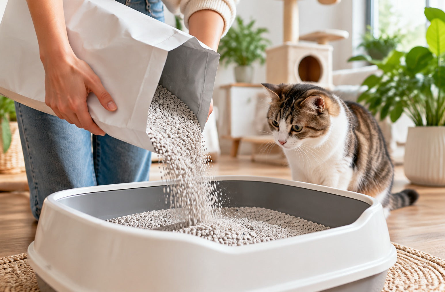 Singapore cat owner using low dust cat litter for a clean and hygienic cat litter box setup