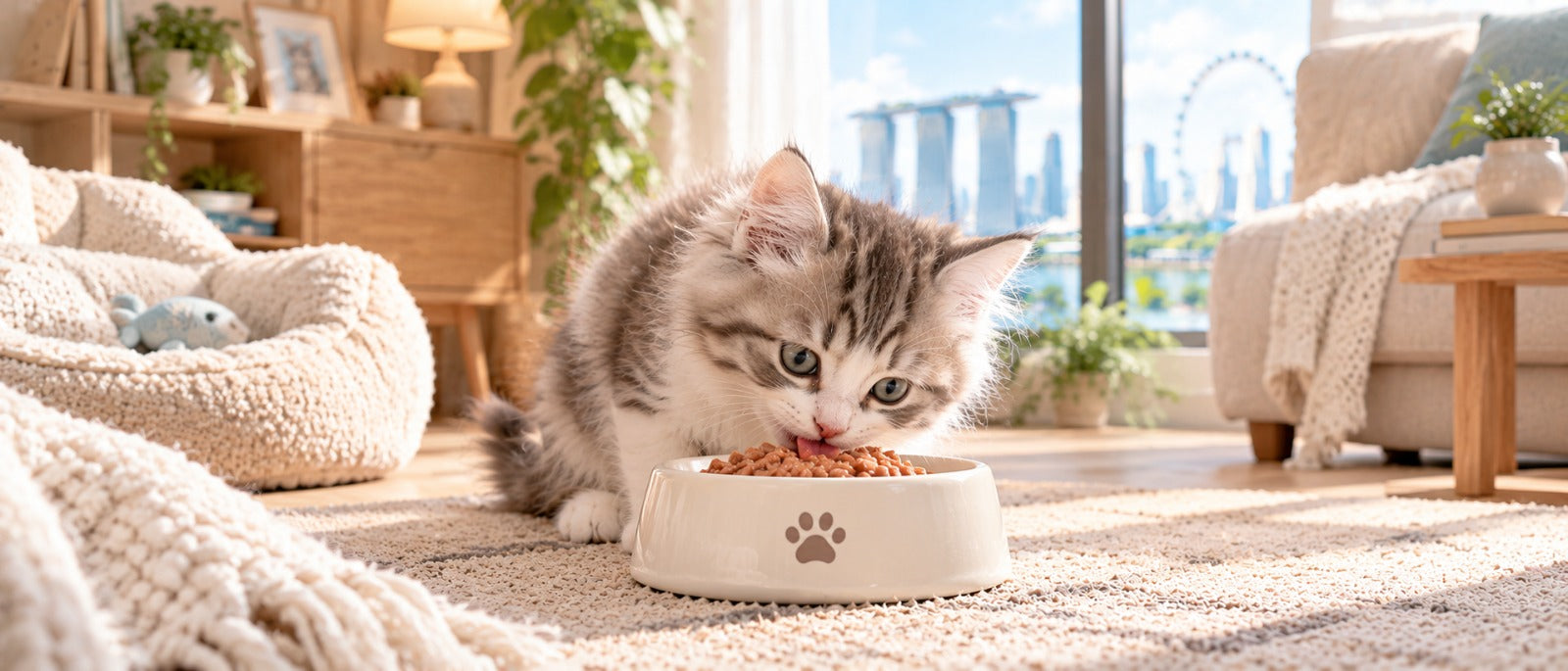 A cute kitten eating canned wet food or wet cat food in a Singapore home, with a view of the Marina Bay skyline and Singapore Flyer in the background.