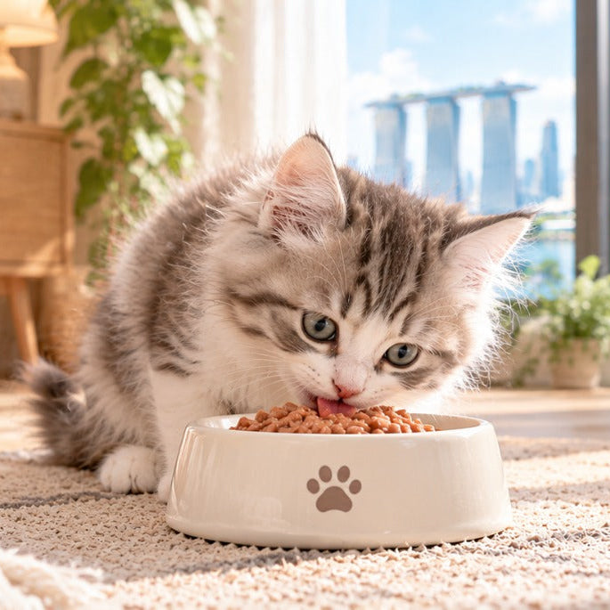 A cute kitten eating canned wet food or wet cat food in a Singapore home, with a view of the Marina Bay skyline and Singapore Flyer in the background.