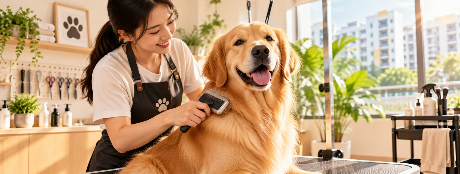 A dog being groomed and brushed in a bright studio setting in Singapore.