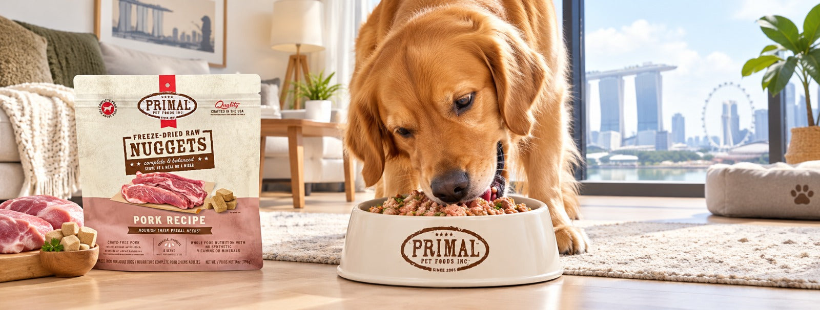 A dog enjoying Primal freeze-dried raw food in a Singapore home.