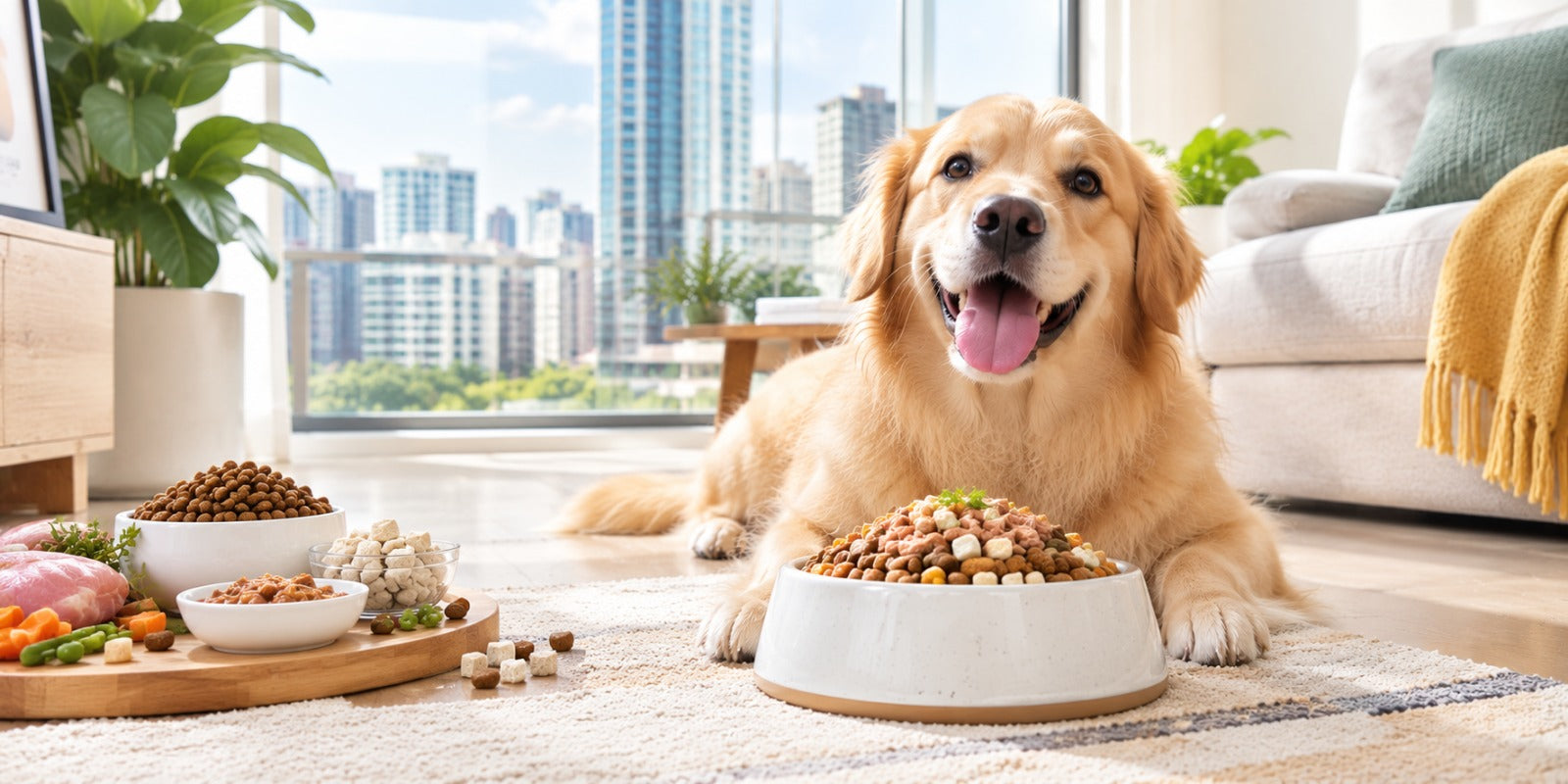 A dog enjoying a mixed meal of wet, freeze-dried, and dry dog food in Singapore.