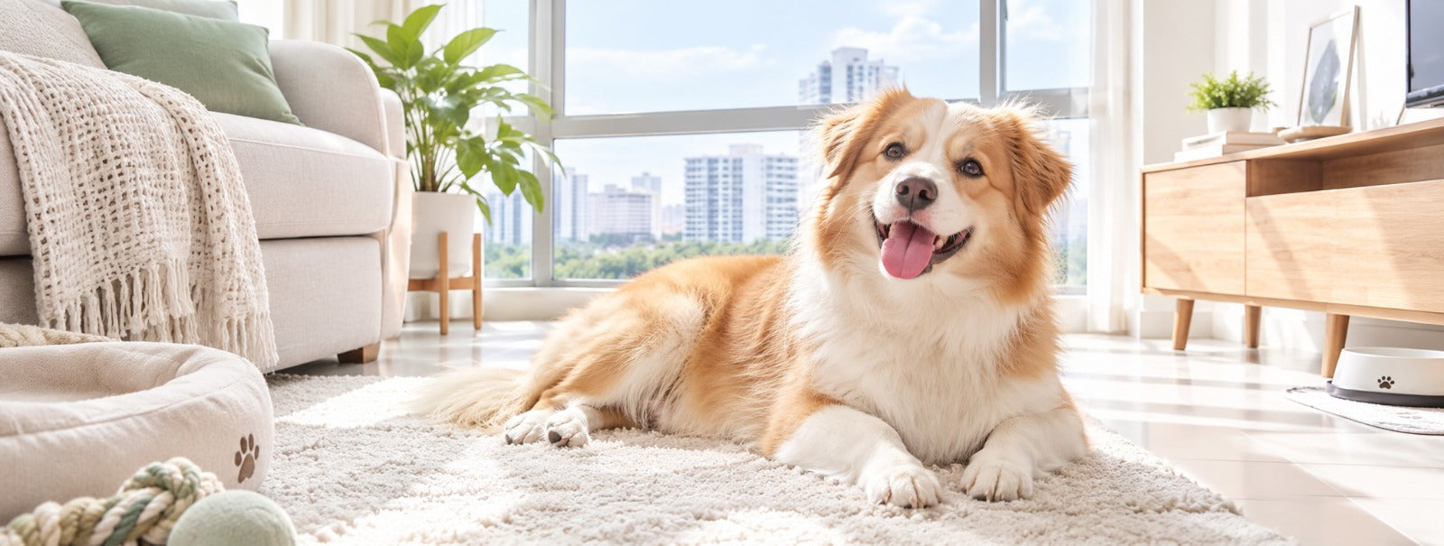 A dog relaxing indoors in Singapore, representing allergy-free pet care and sensitive skin management.