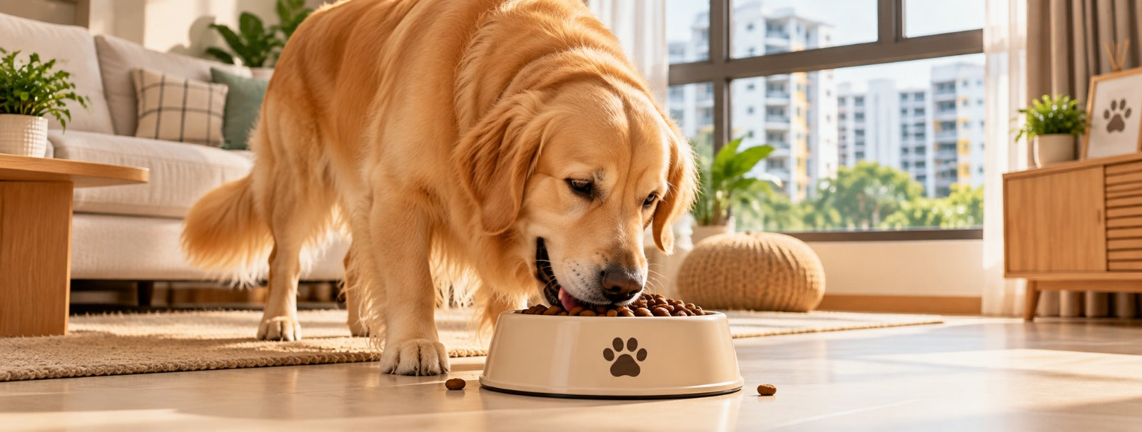 A happy dog eating dry kibble from a bowl inside a modern living room in Singapore