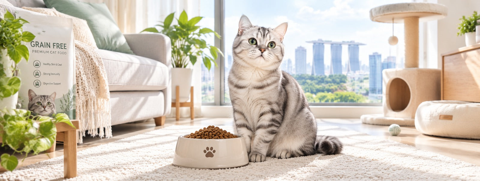 A healthy cat enjoying grain-free cat food indoors in Singapore.
