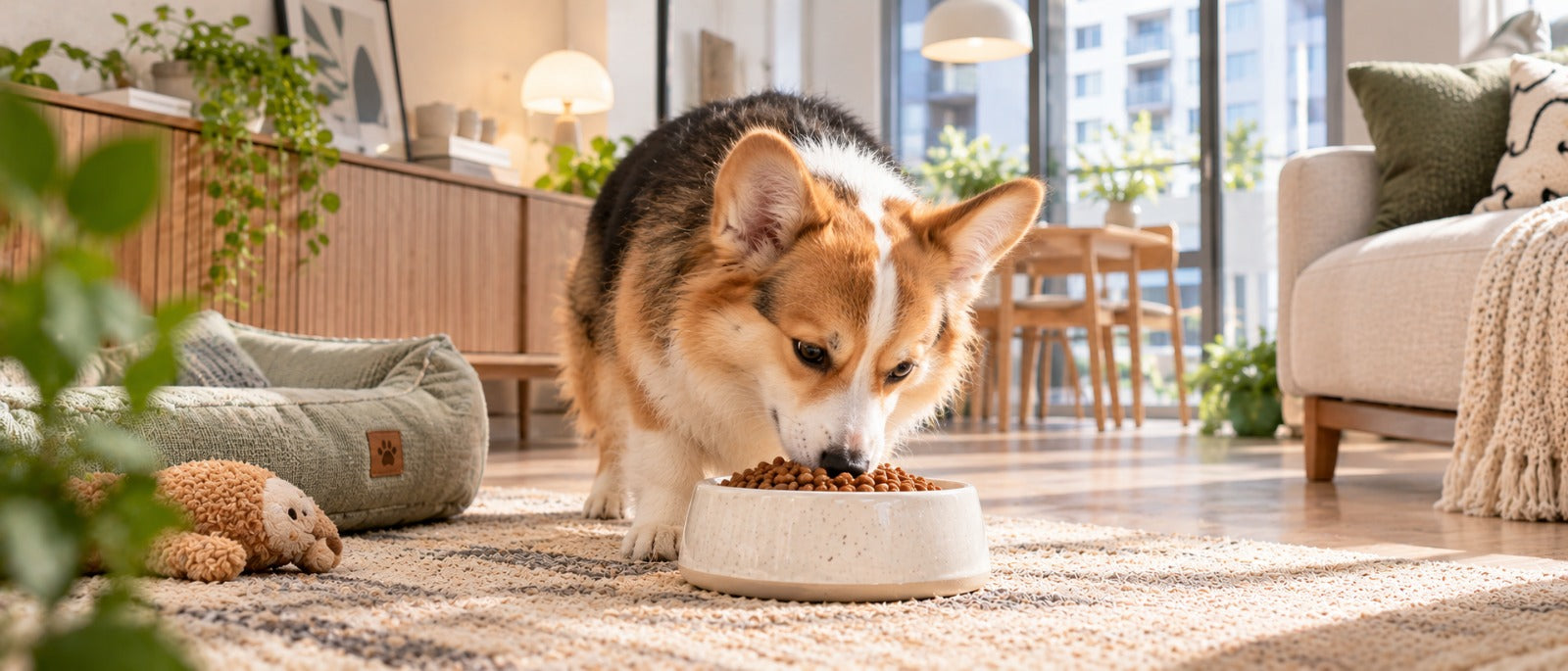 Bowl of premium dry dog food kibble for sensitive dogs in a modern Singapore home