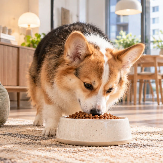 Bowl of premium dry dog food kibble for sensitive dogs in a modern Singapore home