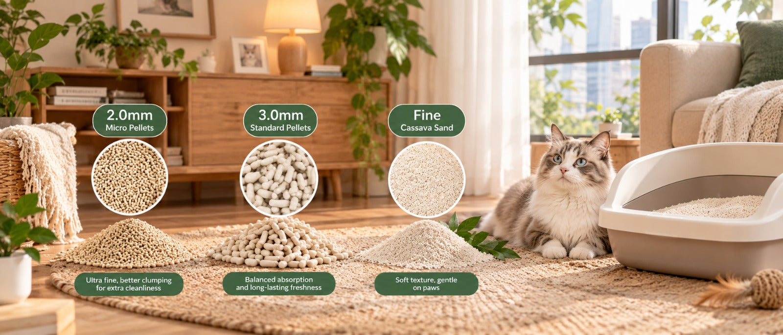 Cat litter pellet size comparison of 2.0mm tofu pellets, 3.0mm pellets, and pure cassava in Singapore.
