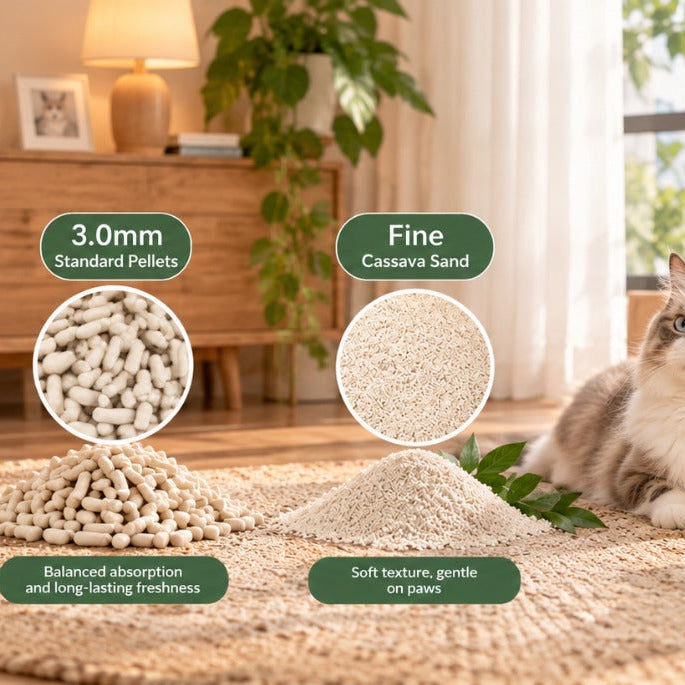Cat litter pellet size comparison of 2.0mm tofu pellets, 3.0mm pellets, and pure cassava in Singapore.