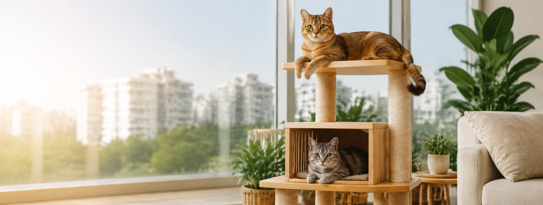 Modern cat tower for indoor cats in Singapore HDB apartment with wooden cat tree and comfortable resting spaces