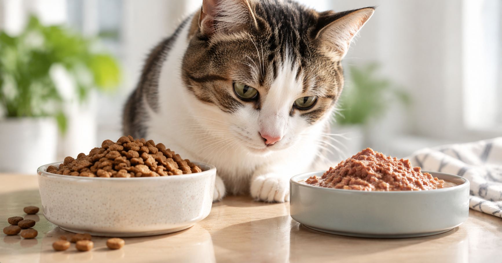 Kibble cat food vs wet food comparison with cat, dry kibble bowl and wet food bowl for cats in Singapore