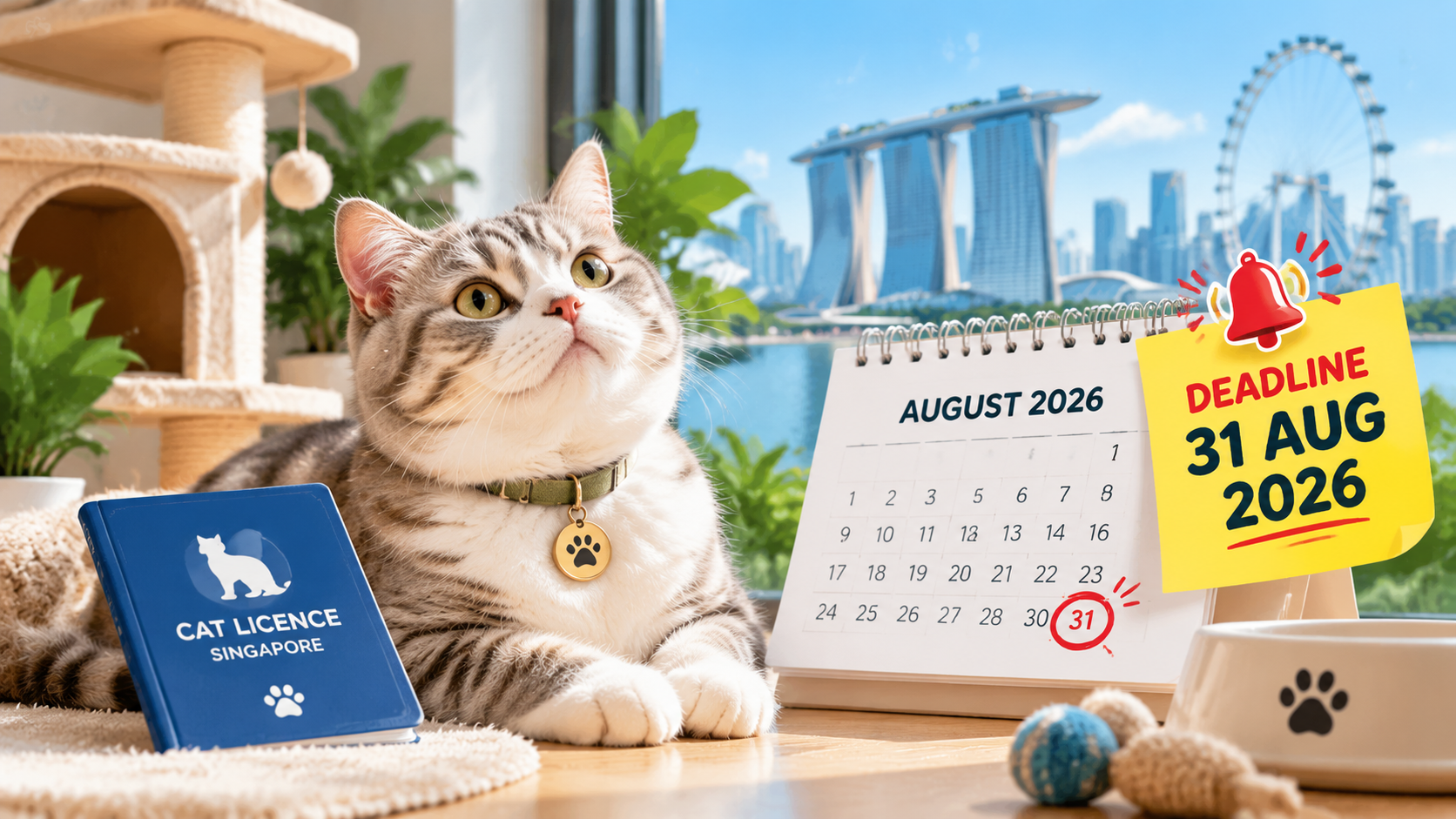 Singapore cat licensing deadline August 31 2026 reminder with a cat, calendar, and cat licence registration concept