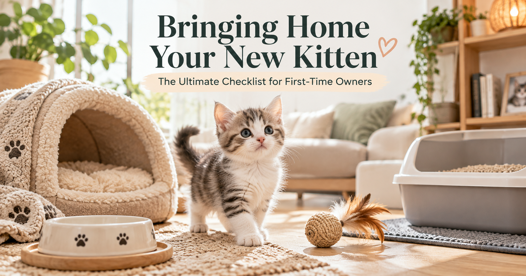 New kitten starter essentials with cat bed, food bowls, toys, and supplies for first-time cat owners