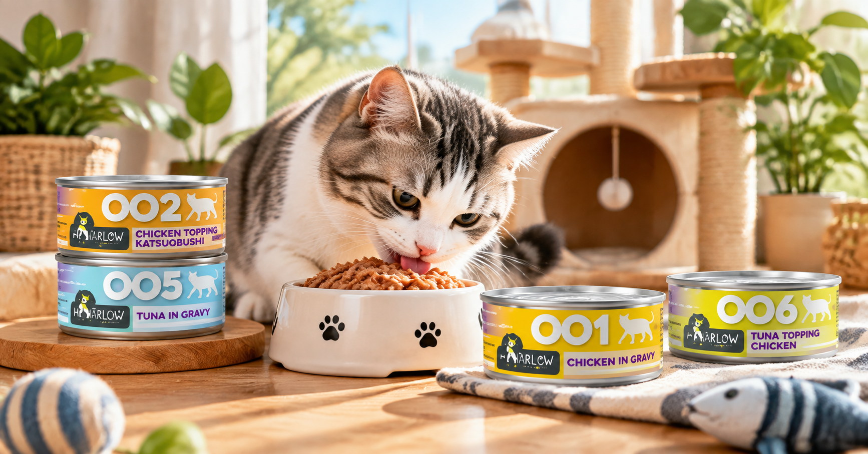 Harlow Blend cat canned food for cats in Singapore with a happy cat enjoying premium wet food at home