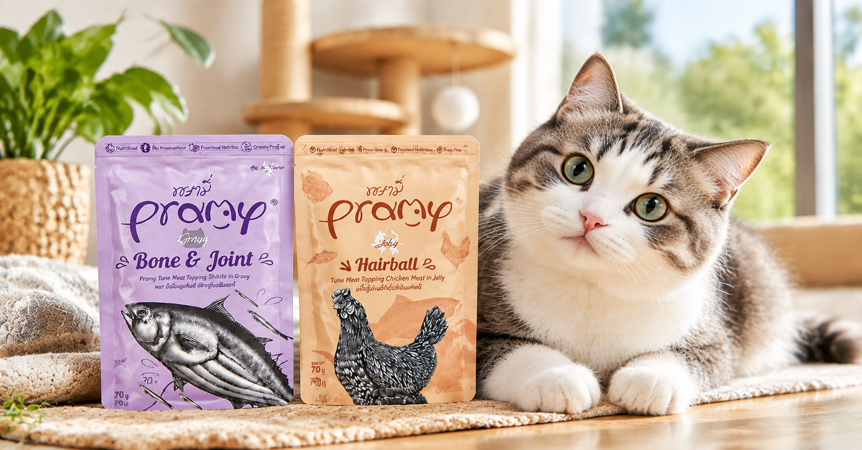 Pramy cat food Singapore featuring functional nutrition formulas for cat health, hairball care, and joint support with a happy indoor cat