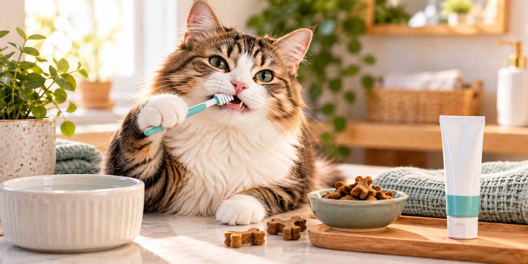 Cat dental care tips in Singapore with toothbrush, dental treats and oral hygiene products for healthy indoor cats