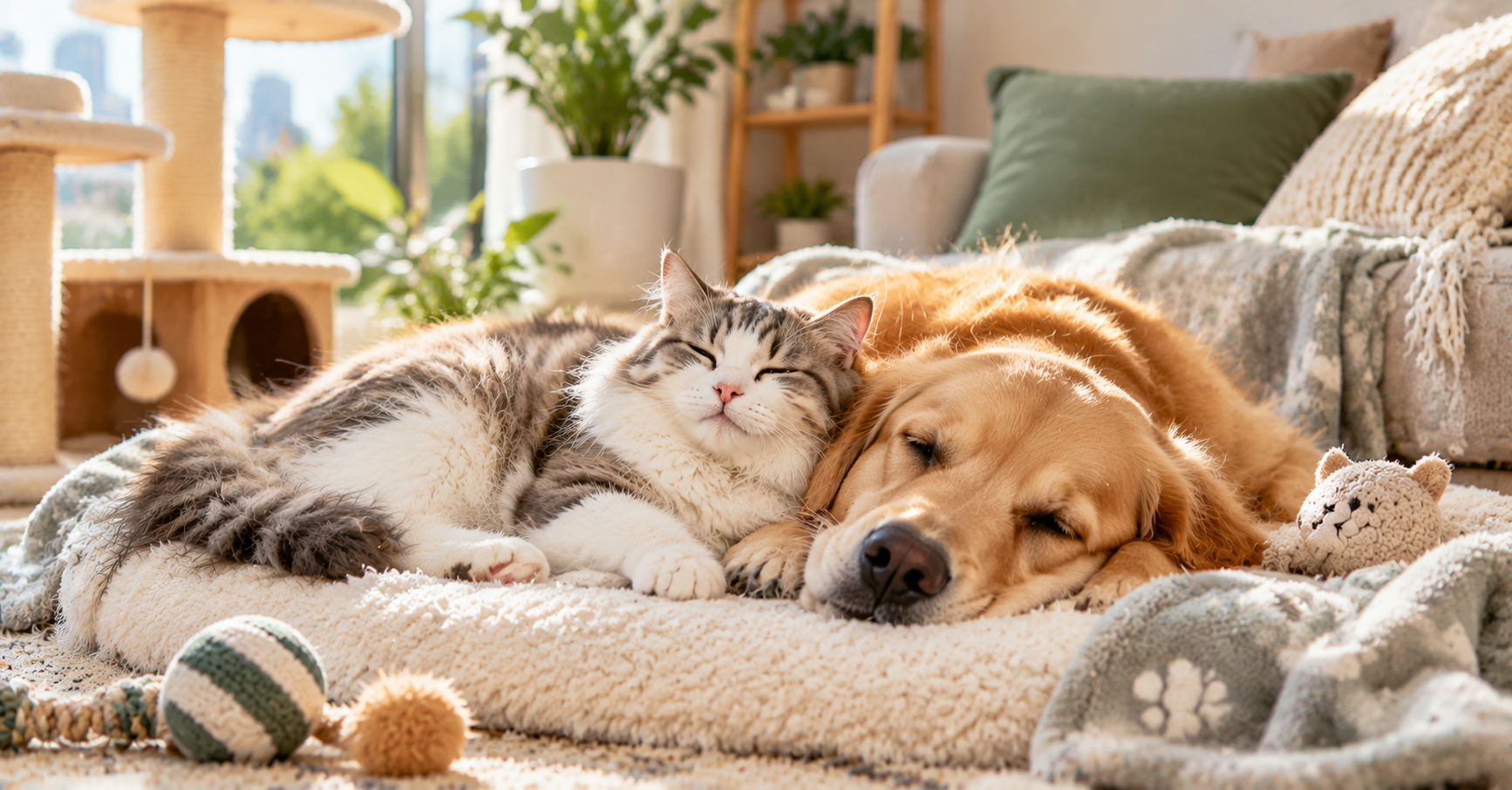 Stress-free cat and dog care tips in Singapore with calming home environment and relaxing pet setup