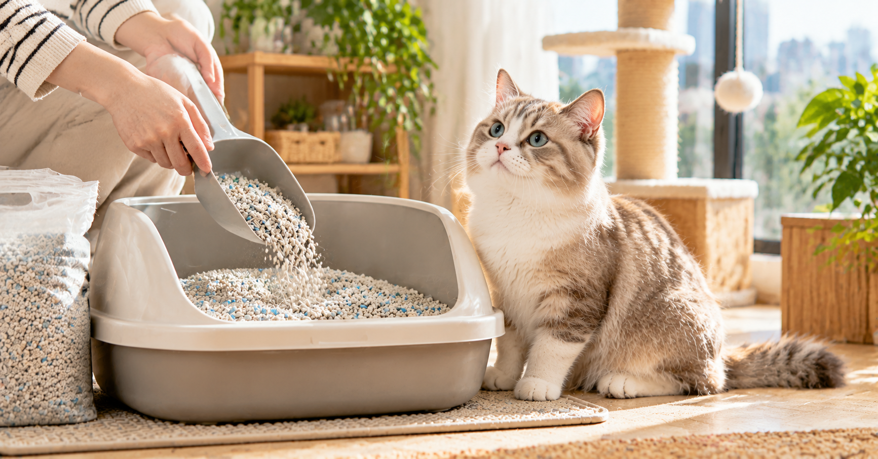 Regular cat litter changes in Singapore with a clean litter box setup to maintain cat hygiene and a healthy home environment