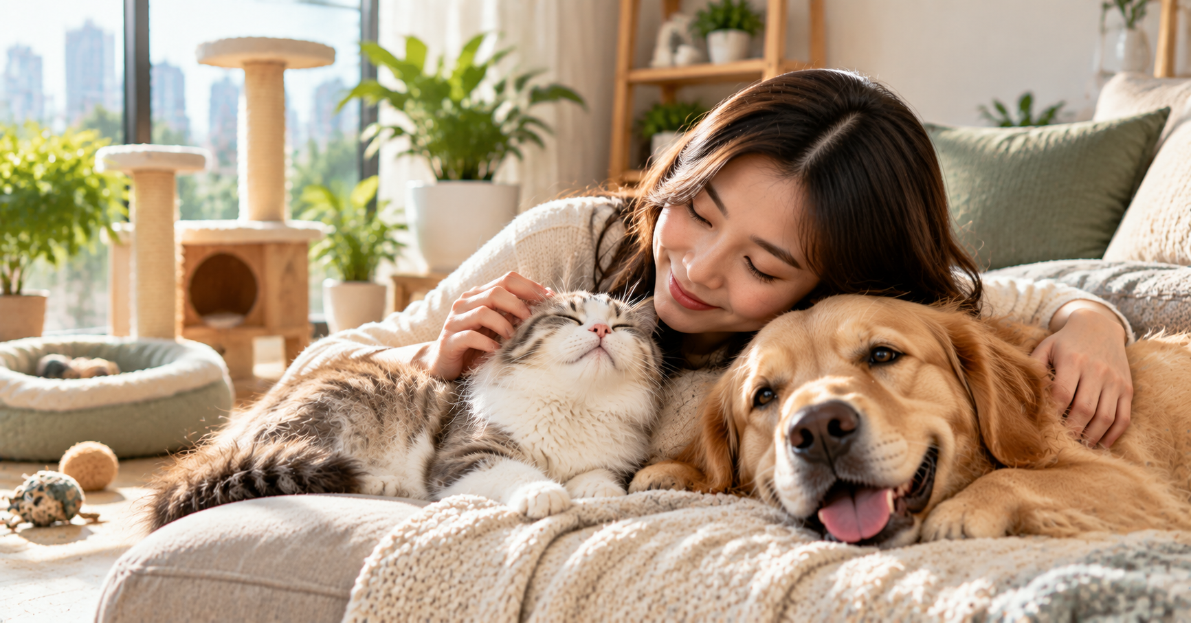 Living better with pets in Singapore with a happy cat and dog showing the mental health and wellness benefits of pet ownership