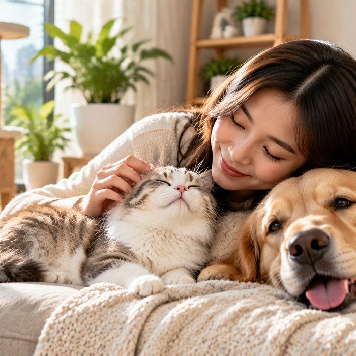 Living better with pets in Singapore with a happy cat and dog showing the mental health and wellness benefits of pet ownership