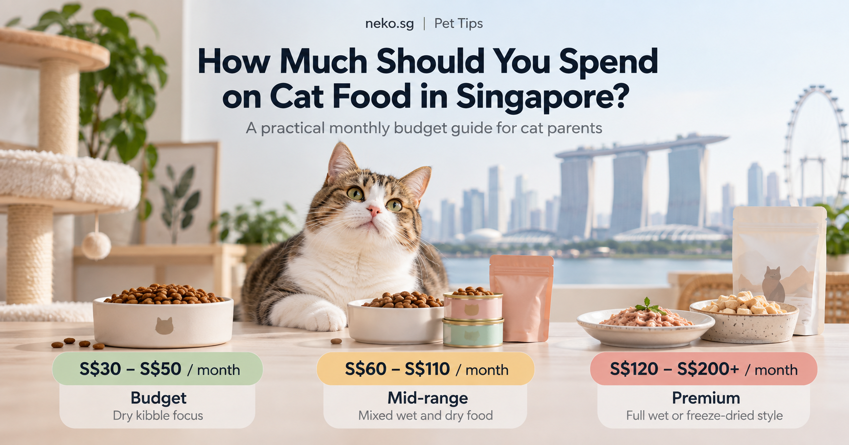 Cat food budget guide in Singapore showing monthly costs for budget, mid-range, and premium cat food options with a cat and feeding supplies