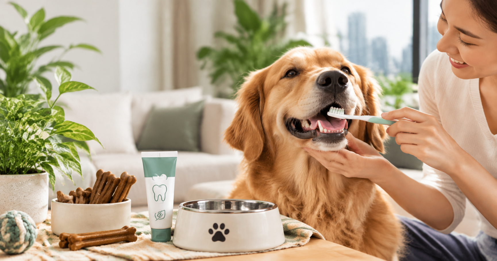 Dog dental care guide showing a golden retriever getting its teeth brushed at home with pet dental supplies