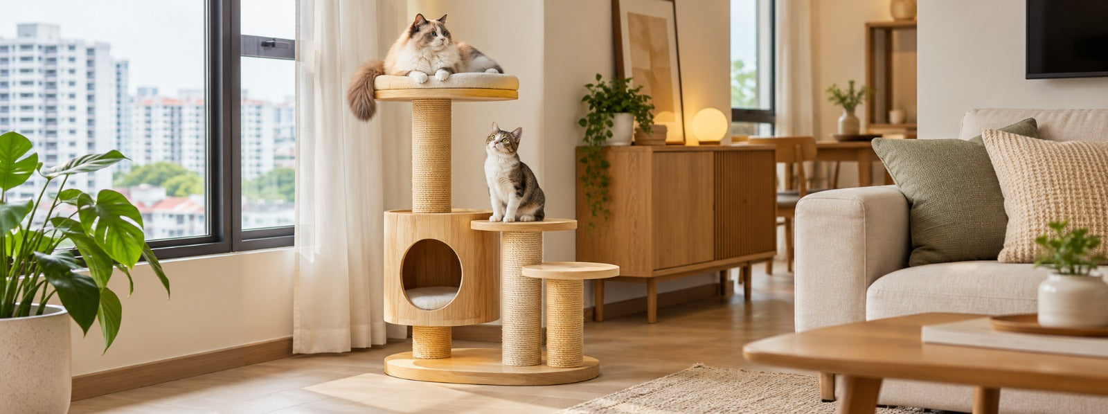 Compact solid wood cat tree in a Singapore HDB living room