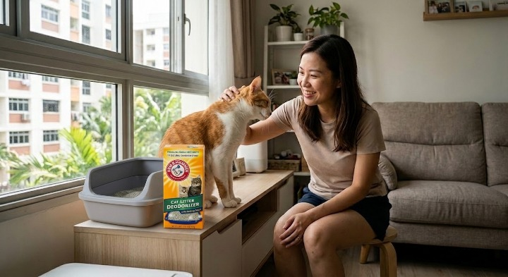 A woman petting her cat in a bright Singapore HDB living room with a cat litter box and Arm & Hammer Cat Litter Deodorizer on a console table.