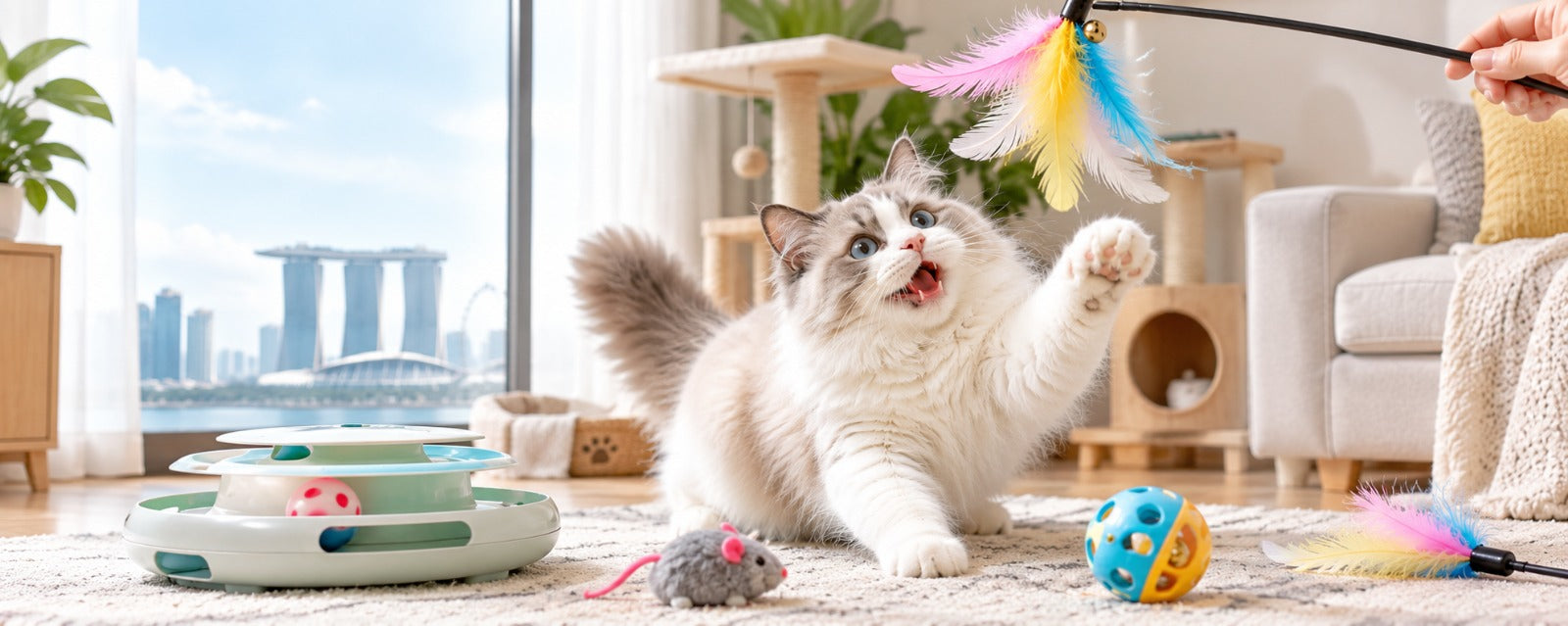 Happy cat playing with interactive cat toys and teaser wands in a Singapore home