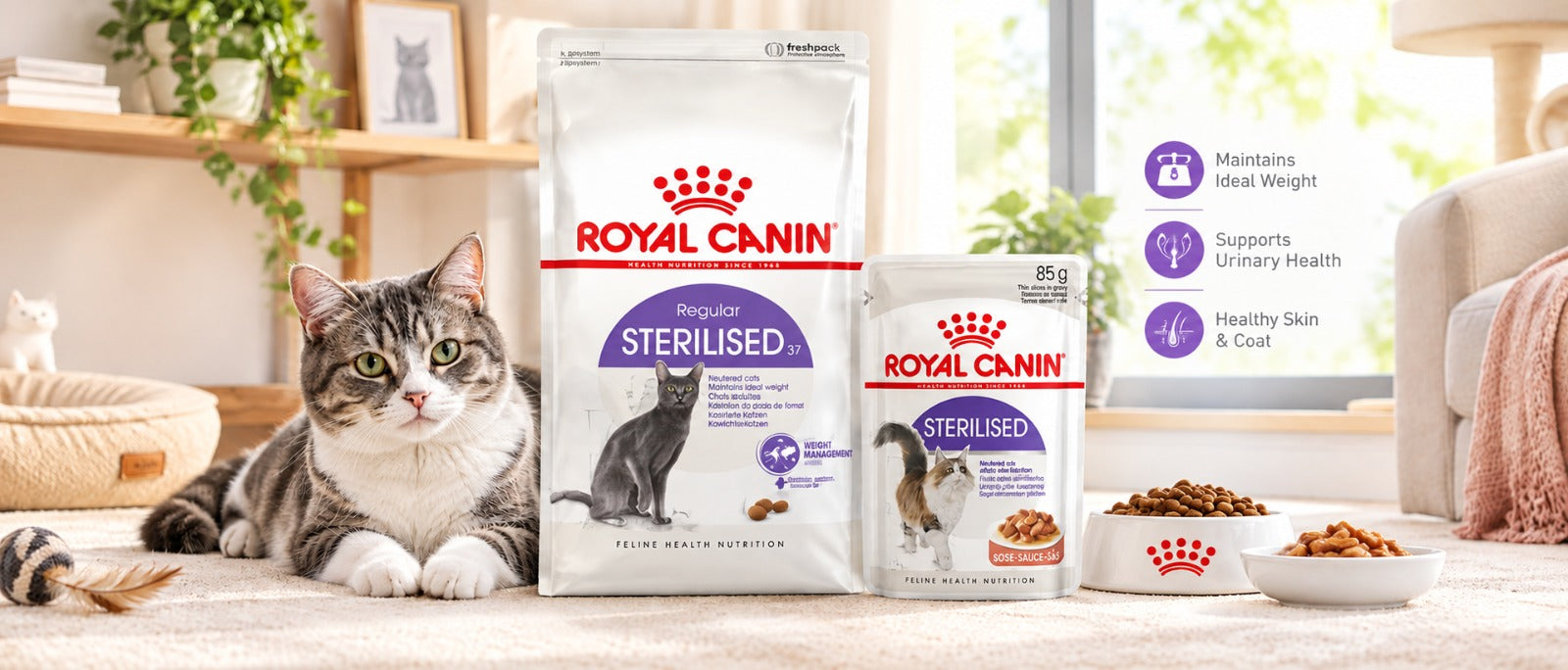 Royal Canin Sterilised 37 dry cat food bag and wet pouch for indoor cats in Singapore