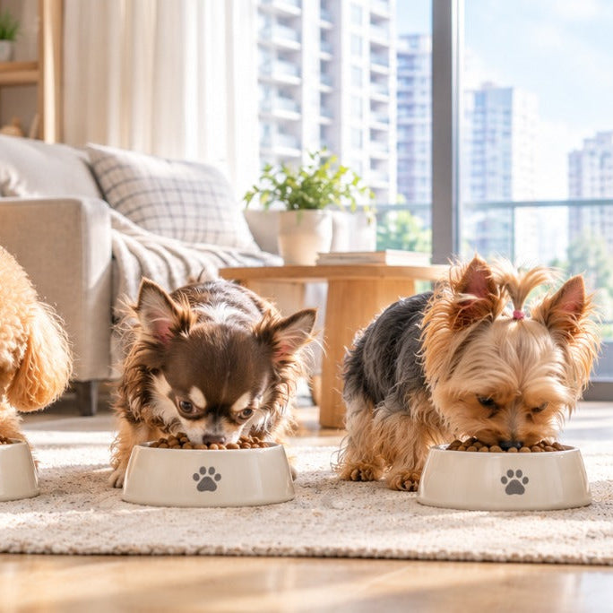 Small dog breeds for apartment living in Singapore eating Royal Canin breed dog food