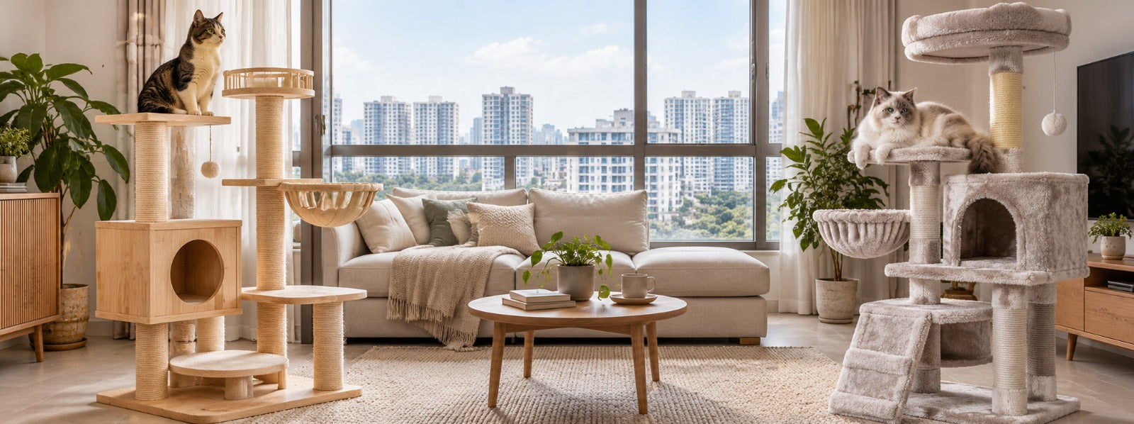 Solid wood cat tree vs plush fabric cat tree comparison in a Singapore apartment