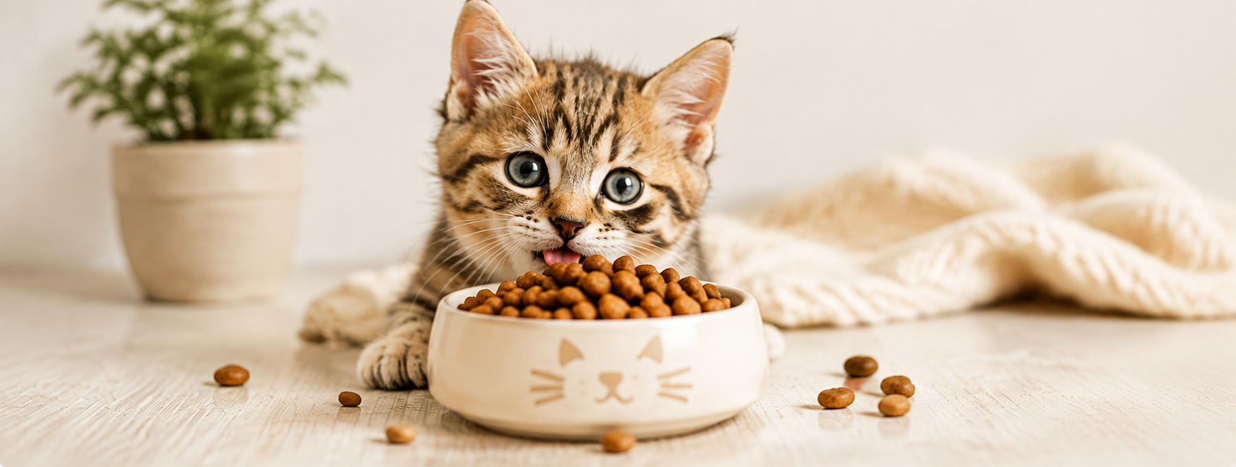 Cute tabby kitten eating dry food from a ceramic bowl at home, highlighting healthy kitten nutrition and feeding care