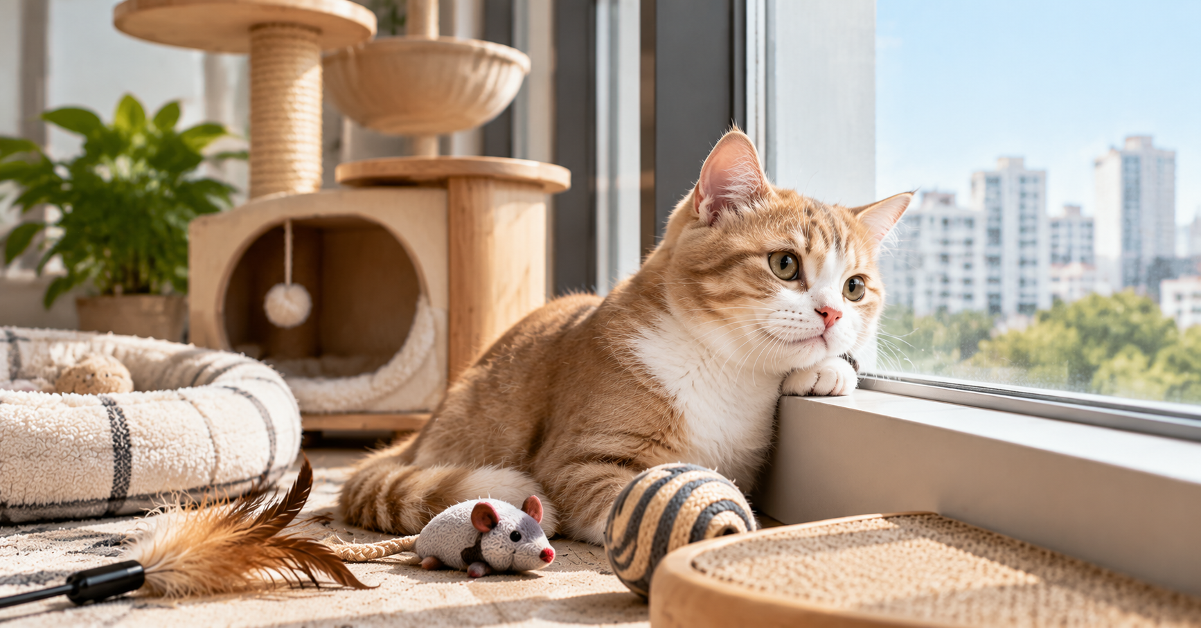 Indoor cat feeling lonely at home in Singapore with toys and enrichment items for improving cat happiness and wellbeing