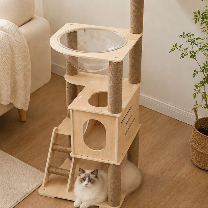 110cm_Mofu_House_Solid_Wood_Cat_Tower_packaging_and_full_view