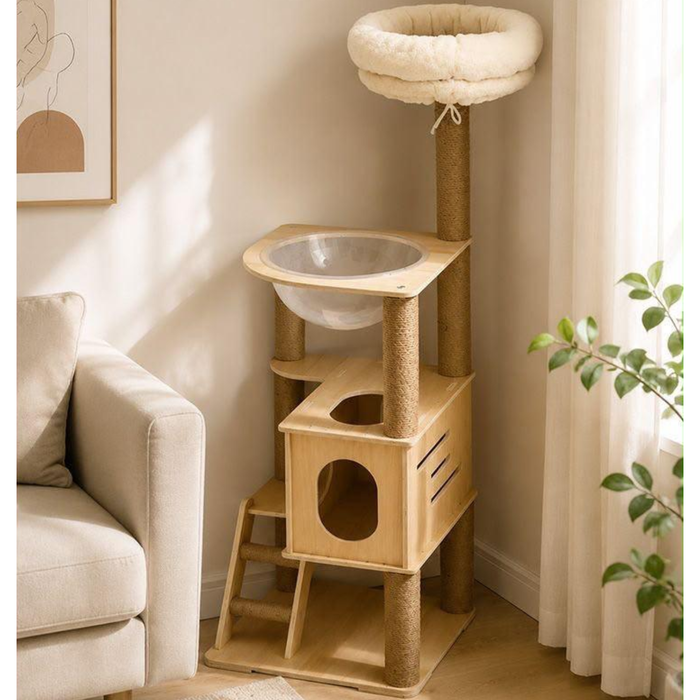 110cm Mofu House Solid Wood Cat Tower packaging and full view