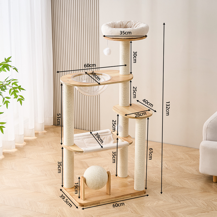 Lucent 132cm solid wood cat tree tower with condo and scratching posts
