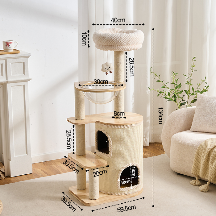 134cm Aura Cozy Loft solid wood cat tower featuring a woven hideaway, transparent bowl, and plush cloud bed.