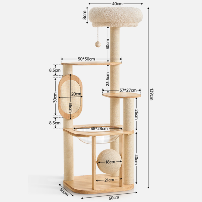 139cm Sierra Stretch & Scratch solid wood cat tower with a cloud perch, transparent bowl, and vertical scratching board.