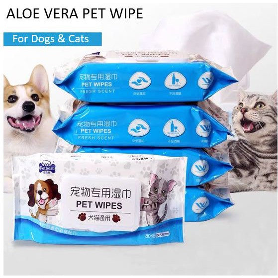 PetBest Pet Wipes for Dogs & Cats Extra Soft & Strong Grooming Wipe with Aloe Vera Formula - Pack of 80