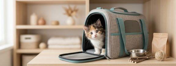 A cute calico kitten peeking curiously out of a modern grey pet carrier on a wooden surface, with a food bowl, cat treats, and a ball of yarn neatly arranged nearby.