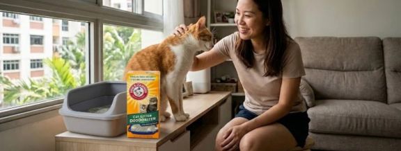 Woman petting a cat next to a box of Arm & Hammer cat litter in a living room.