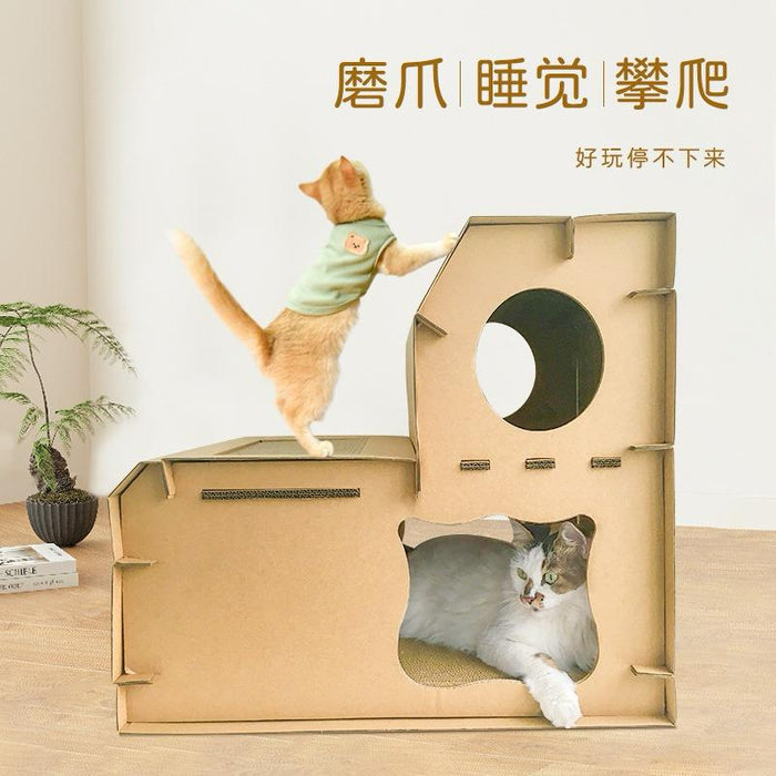 Cat Scratcher Cardboard Two-Level Cat House Scratching Post packaging and full view