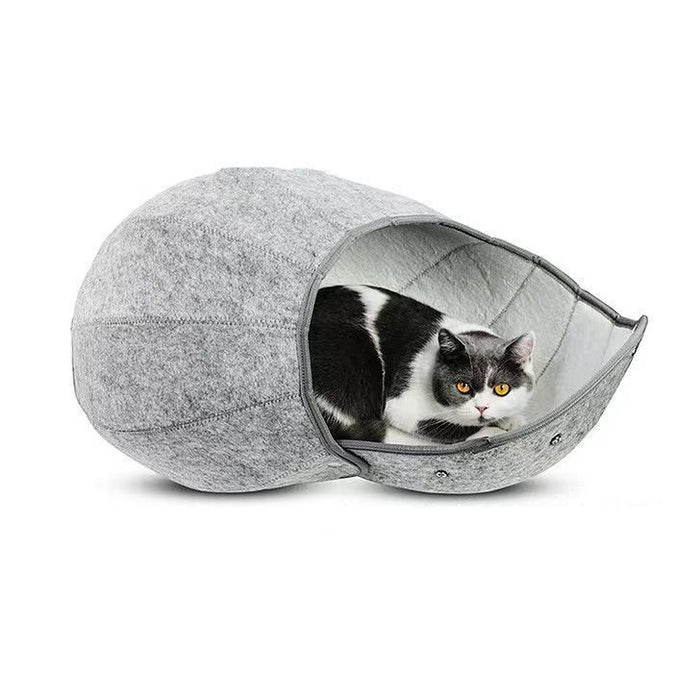Celeste Origami convertible grey felt cat bed showing multiple configurations including a circular tunnel and a dome cave