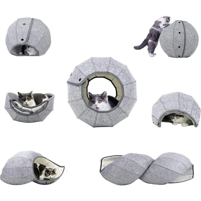 Celeste Origami convertible grey felt cat bed showing multiple configurations including a circular tunnel and a dome cave.