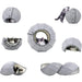 Celeste Origami convertible grey felt cat bed showing multiple configurations including a circular tunnel and a dome cave.