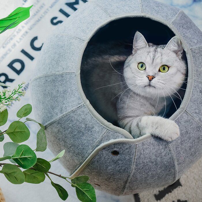 Celeste Origami convertible grey felt cat bed showing multiple configurations including a circular tunnel and a dome cave