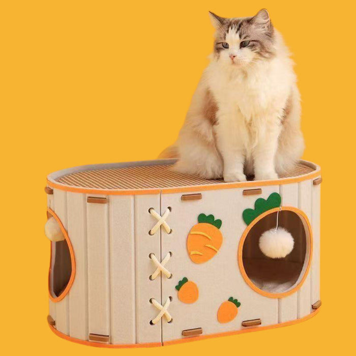 Double-Layer Cute Carrot Cat House with cat scratching board and tunnel